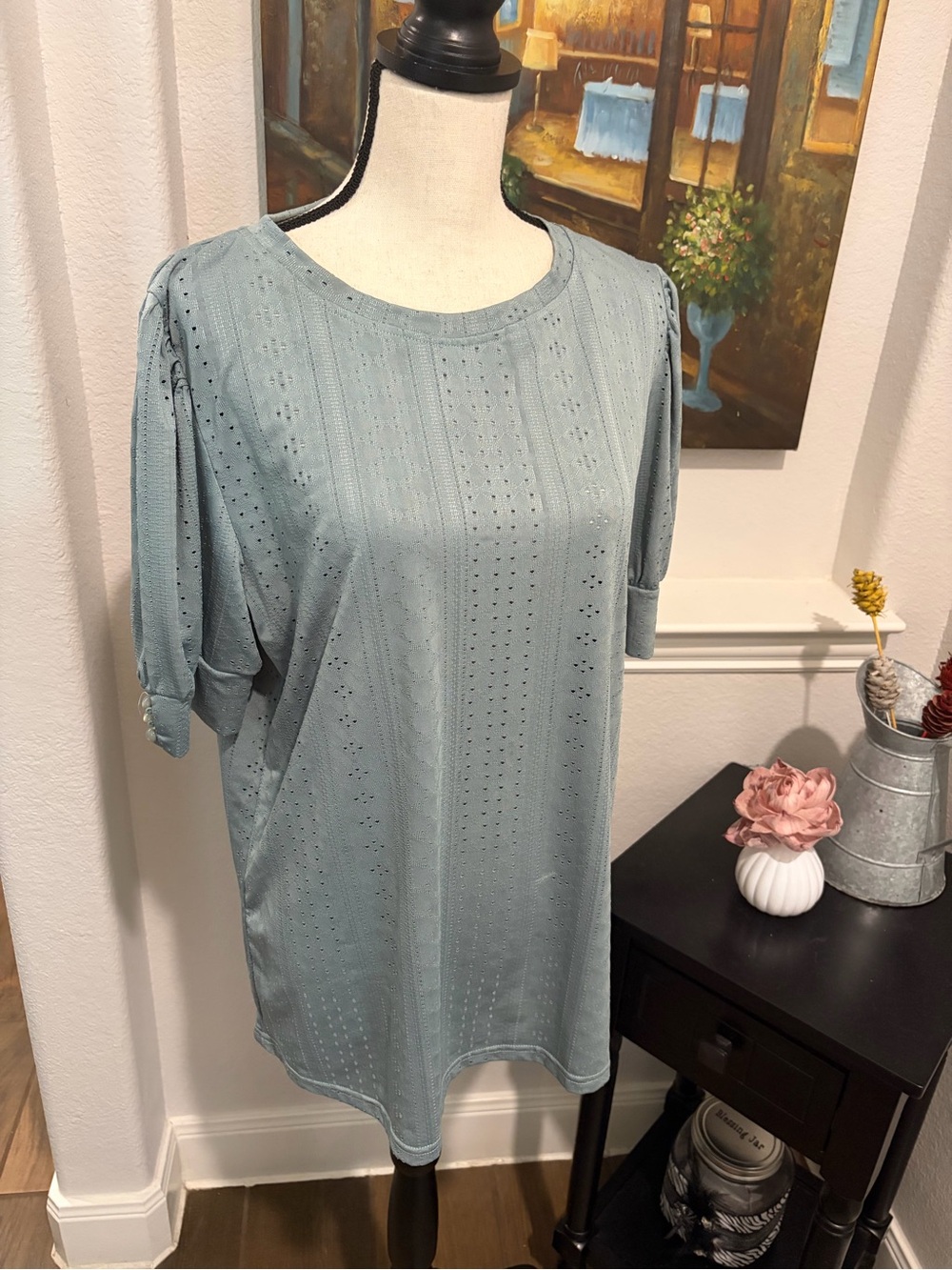 Women’s Light Blue/Green Eyelet Knit Short Sleeve Top
